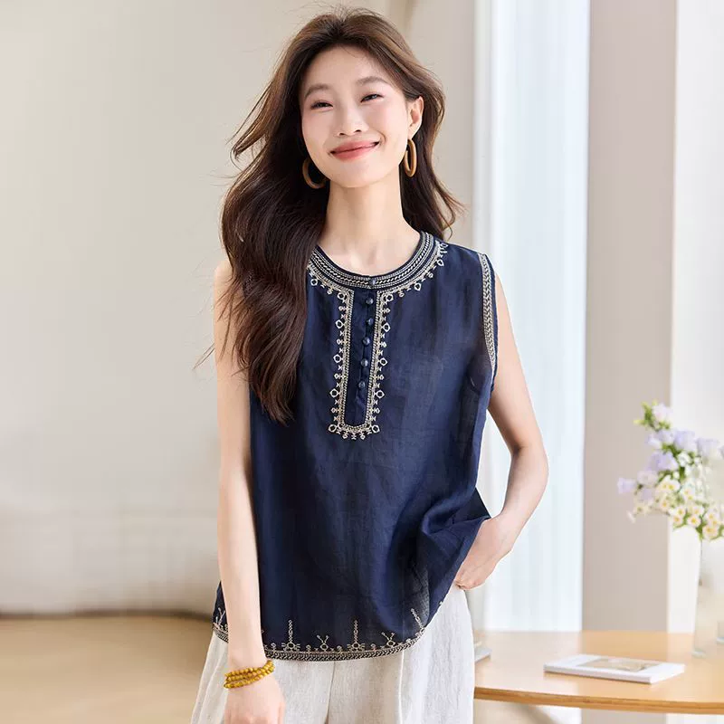 Вышитый жилет из рами, лето 2025, свободный круглый вырез, новая тонкая хлопковая и льняная рубашка без рукавов, топ, женский стиль ретро