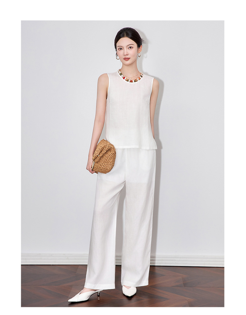 Bộ áo vest cổ cườm kết hợp quần ống rộng vải lanh nữ mùa hè — Màu trắng chi tiết 7