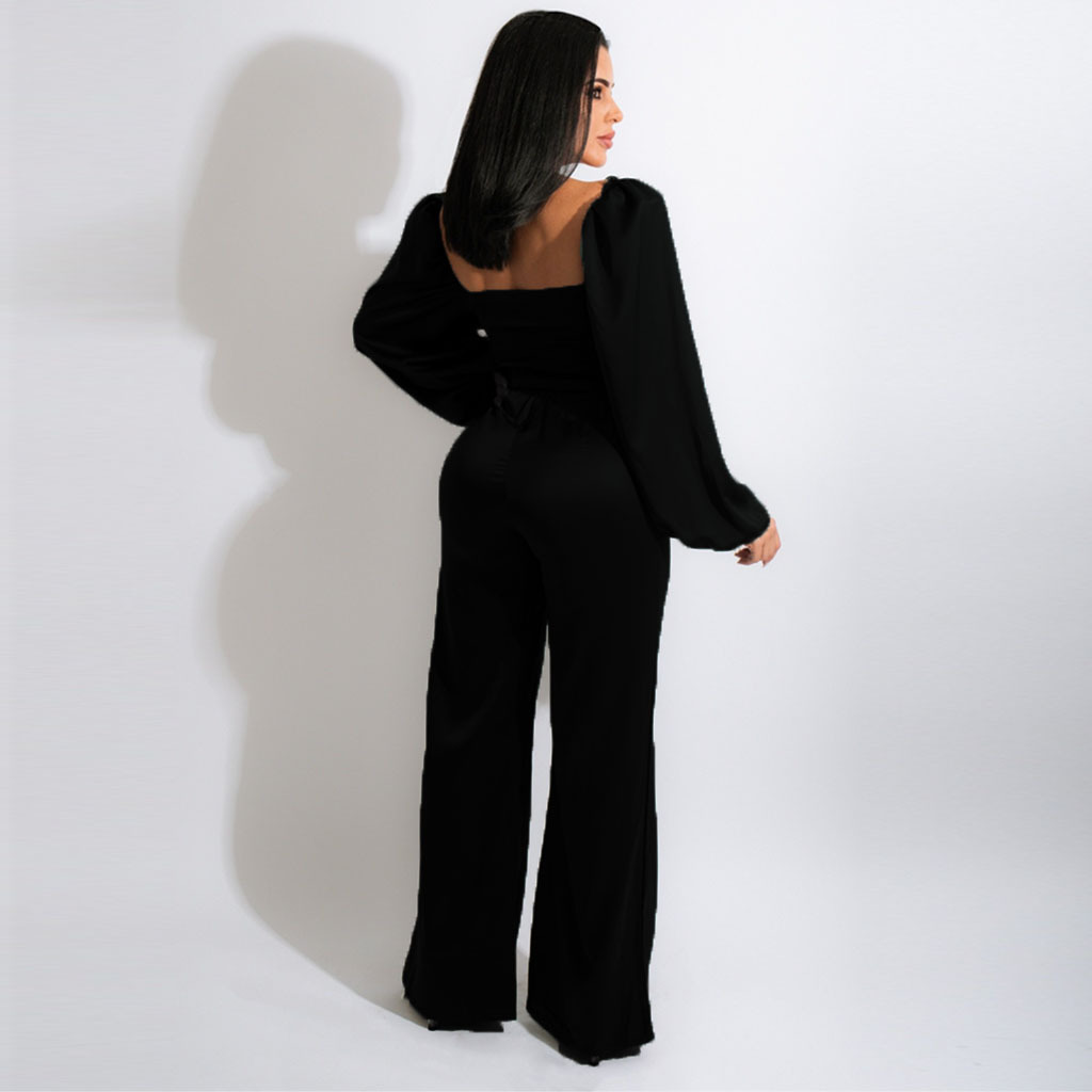 Pleated Solid Color Long Sleeve Lace-Up Wide-Leg Jumpsuit NSGCX112968