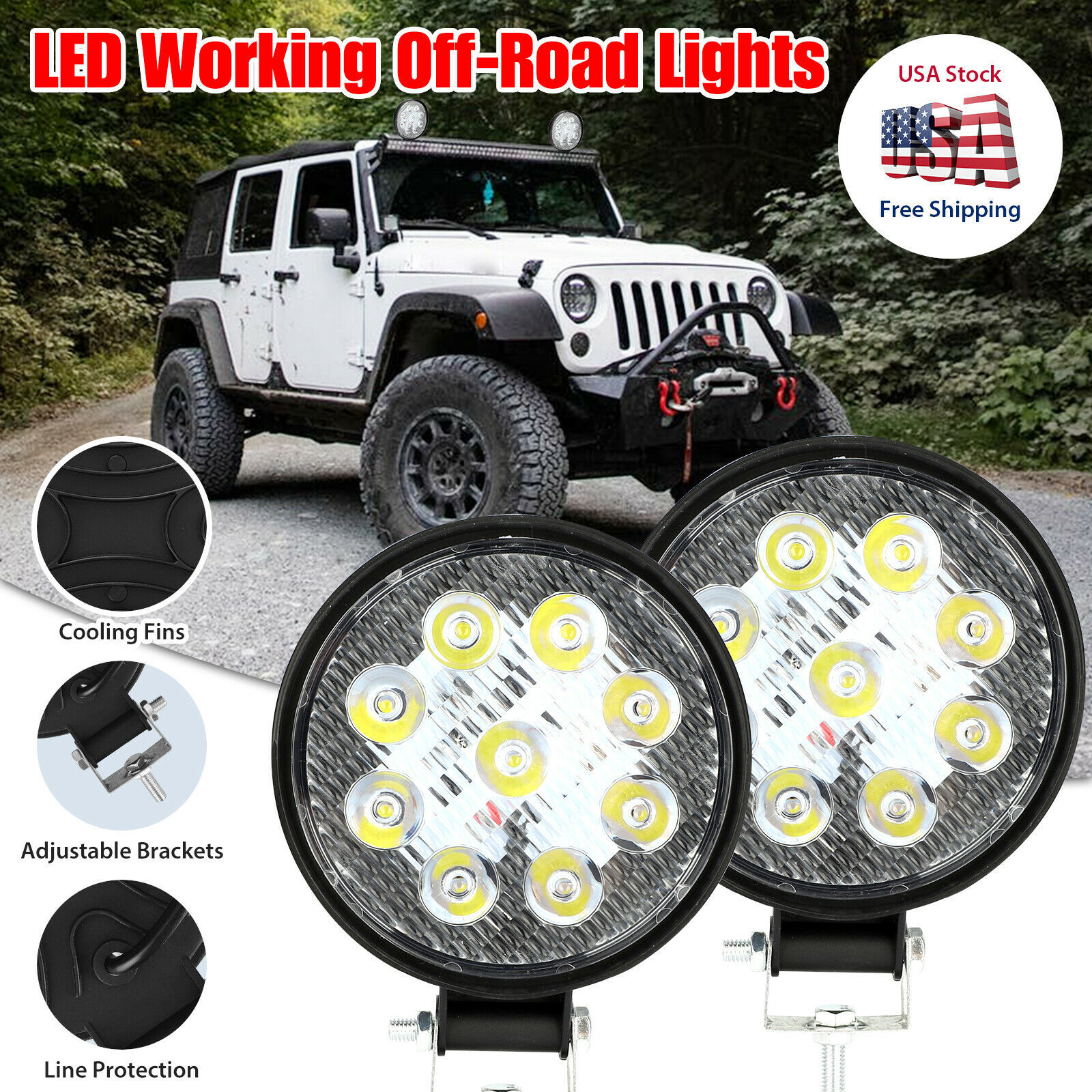 Transfronterizos para automóviles LED 27W redondo 4WD lámpara de trabajo de automóviles de modificación de luces auxiliares fuera de carretera 4 pulgadas