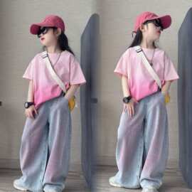 女童渐变套装2026新款洋气吊染短袖中大童烫钻牛仔阔腿裤两件套