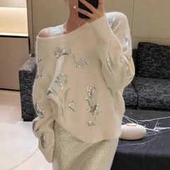 女性のためのニットセーター春と秋の新スタイル怠惰なスタイル重工業花スパンコール刺繍ソフトワックスルーズ長袖トップ韓国語版
