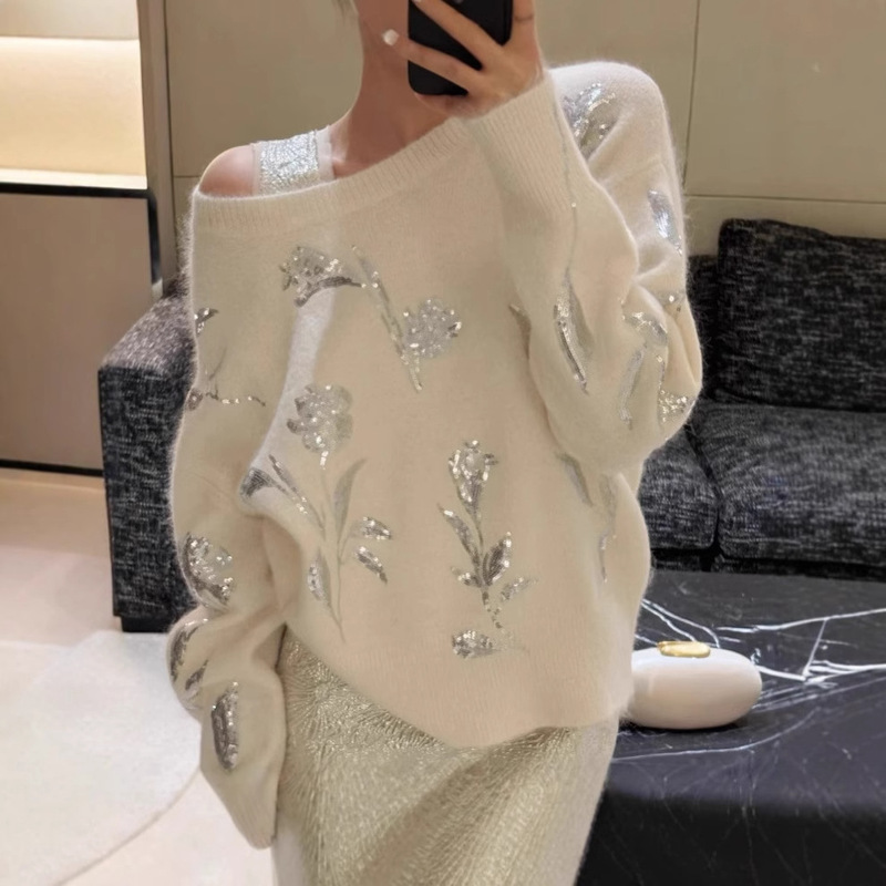 Cross-Border Foreign Trade Women's Knitwear, New Spring and Autumn Style, Heavy Floral Sequin Embroidery, Soft and Loose Long-Sleeve Sweater Top Cross-Border Foreign Trade Women's Knitwear, New Spring and Autumn Style, Heavy Floral Sequin Embroidery, Soft and Loose Long-Sleeve Sweater Top