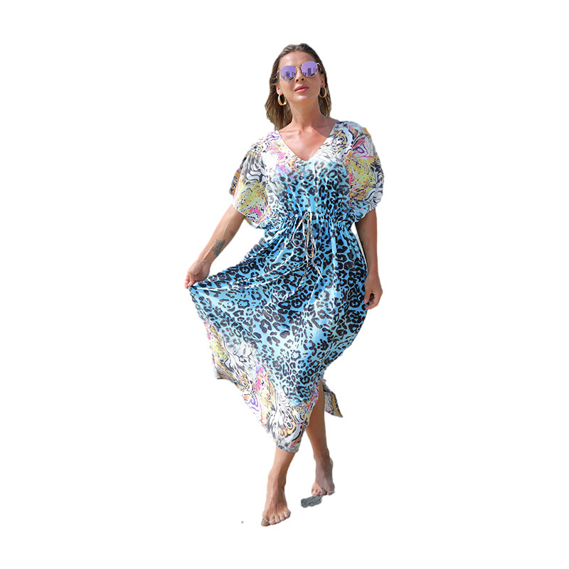 Blusa de playa azul leopardo estampado cintura cordón vacaciones protección solar camisa bikini blusa exterior transfronteriza Amazon 1D65