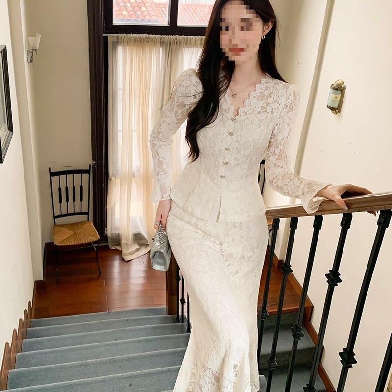 2025新款初秋季轻奢法式修身蕾丝拼接V领衬衫长裙套装女米杏色 高|undefined