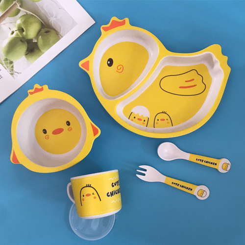 New children's tableware set household cute cartoon bamboo fiber baby compartmentalized plate small child meal bowl spoon and fork