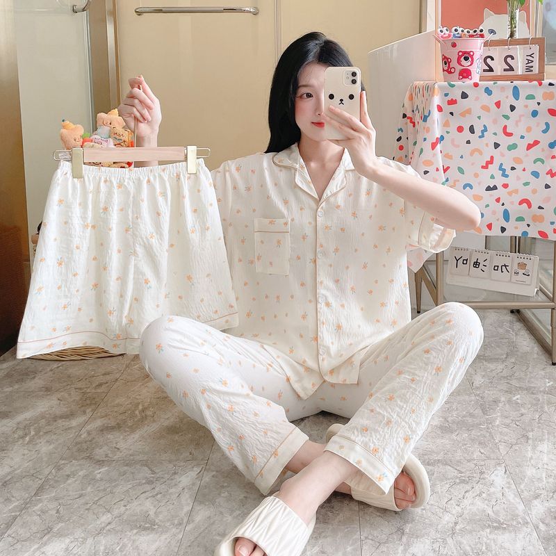 国境を越えた日本と韓国のクラウドコットンパジャマ3点セット春夏レディースプリントかわいいホーム服漫画スーツ新しいスタイル|undefined