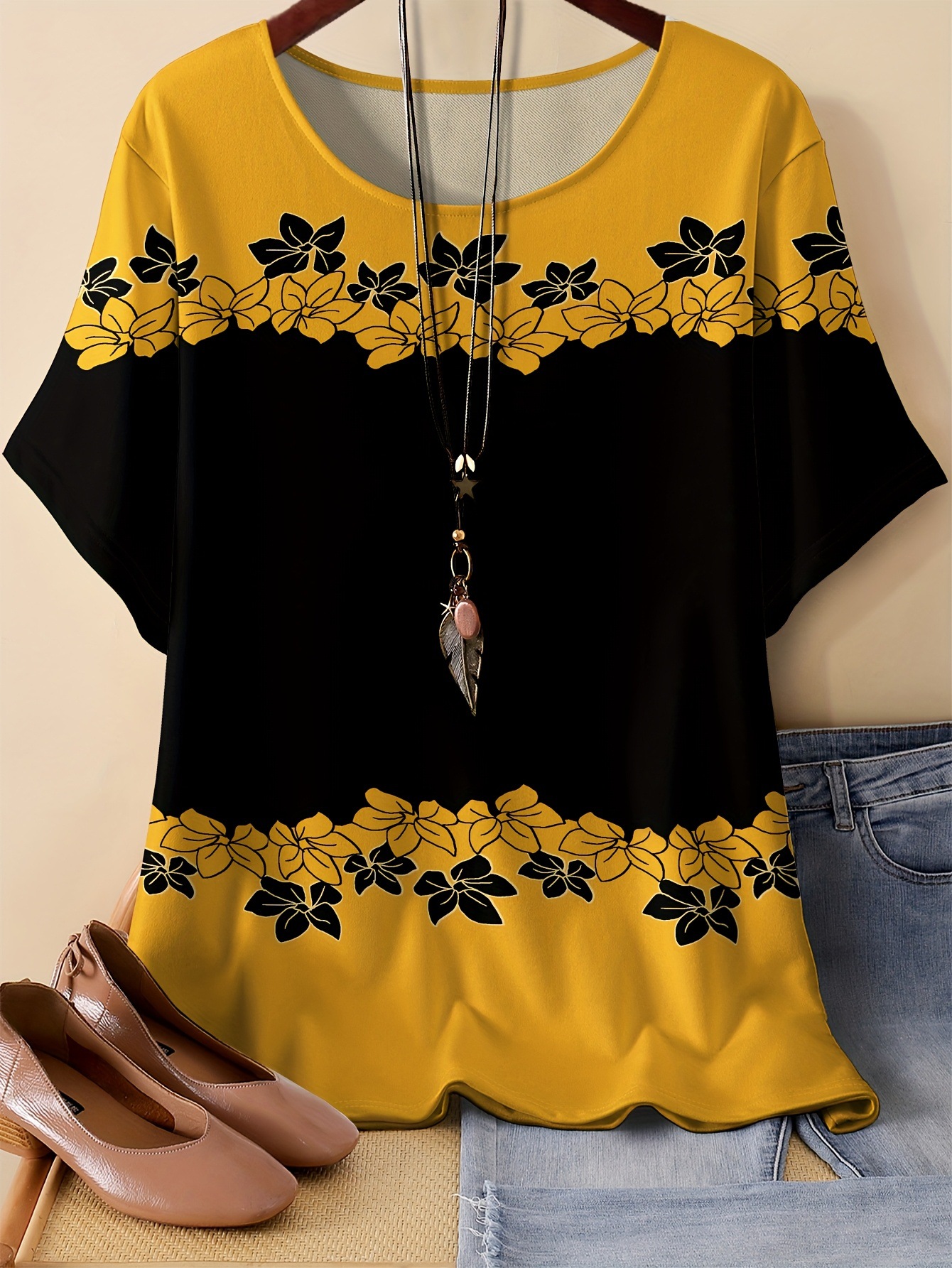 Floral & Crow Print Oversized T-Shirt – Soft Milk Silk Blend Short Sleeve Tee Unisex Oversized Cut_ecoleips.com