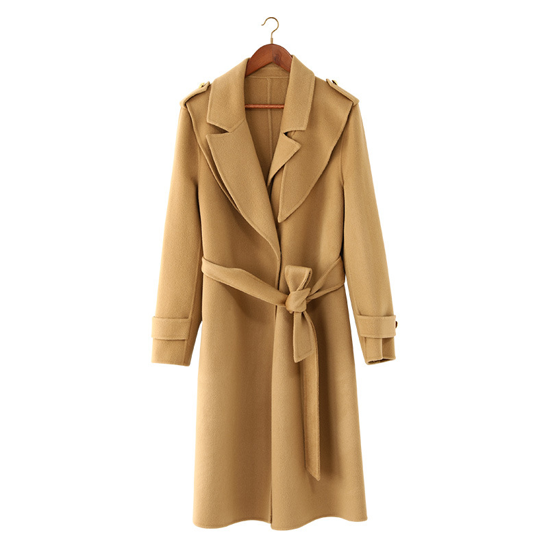 Classic High-End Lace-Up Woolen Coat 2025 Spring & Fall New Style Extended Elegant Casual Outwear Woolen Coat