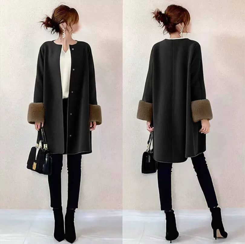 日韩现货2025新款高级感拼接毛毛长袖圆领呢子大衣女外套上衣