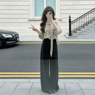 设计感飘带条纹衬衫女早秋季2026新款高级感通勤气质休闲裤套装