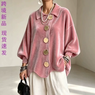 2026外贸跨境新款女装随性长袖衬衫领开衫金丝绒多色女上衣衬衫