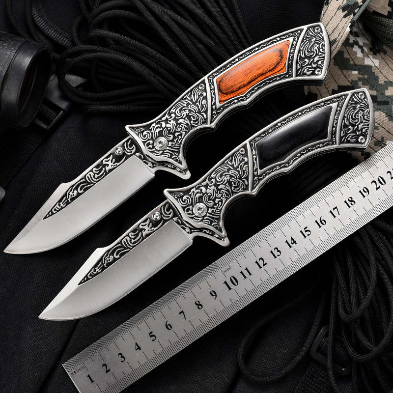 新款户外刀具野营战术高硬度折叠刀扎花小刀多功能求生便携式折刀