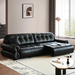 French Vintage Black Sugar Clouds Leather Sofa First Layer Cowhide Telescopic Direct Push Electric Functional Sofa Bed Antique