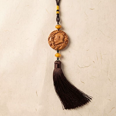 Peach wood pendant, peace amulet, double Pixiu wood carving, car hanging ornament, safe journey, five blessings, car pendant, hand-held ornament (Car hanging) - peach-wood-great-man-single-tassel-pendant