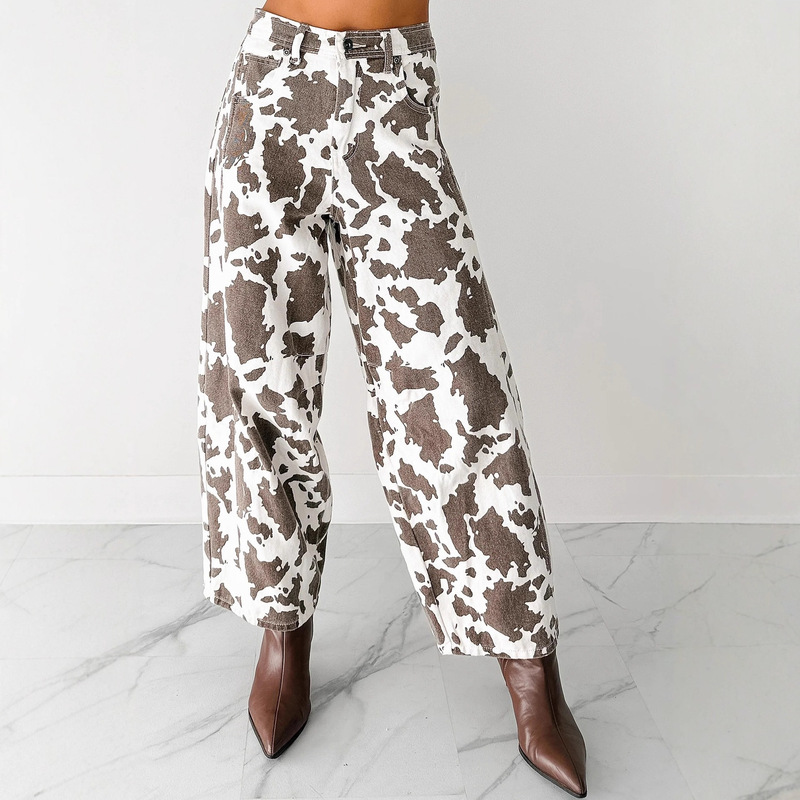 European and American Retro Cow Print Jeans for Women, High-Waisted Wide-Leg Pants, New Cross-Border Independent Station Wholesale