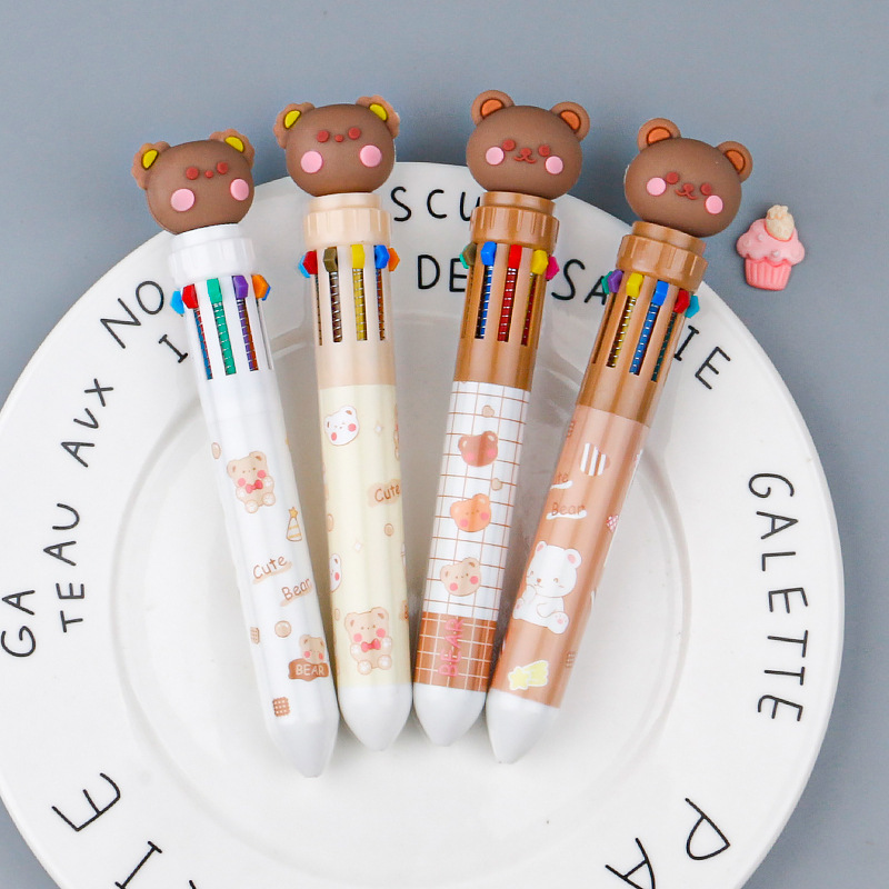 Cute Little Brown Bear 10-Color Push-in Ballpoint Pen Cartoon 10-Color Atom Pen Marker Water Pen Student Stationery Signature Pen