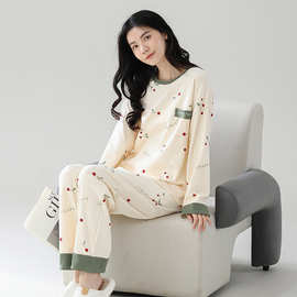 睡衣女春秋长袖纯棉套头宽松大码女士新款全棉女款秋冬家居服套装