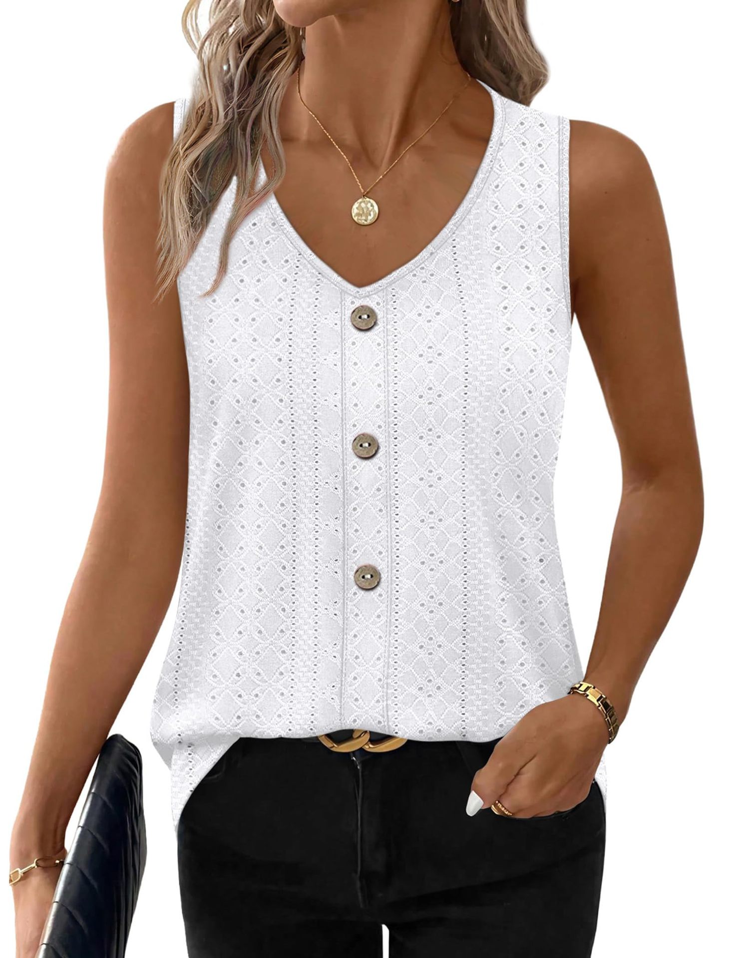 Women's Loose Casual Top V Neck Sleeveless Vest Eyelets American Summer New_ecoleips.com