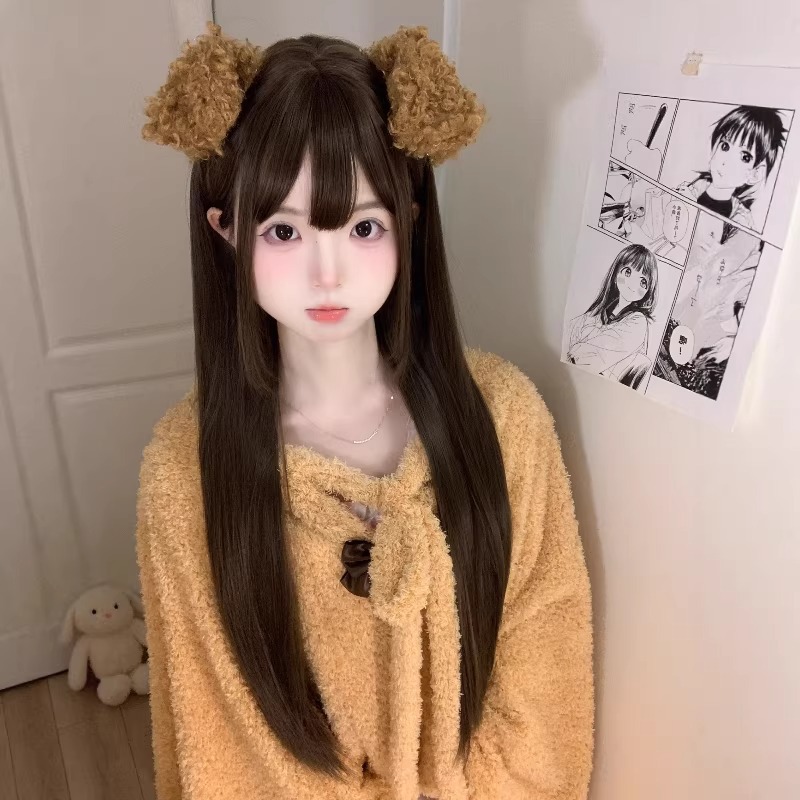 Lasulja z dolgimi lasmi za ženske - naraven videz, dnevni slog Lolita, 75 cm ravni lasje s frufrujem, kostum za celotno glavo, JK, mala Lolita