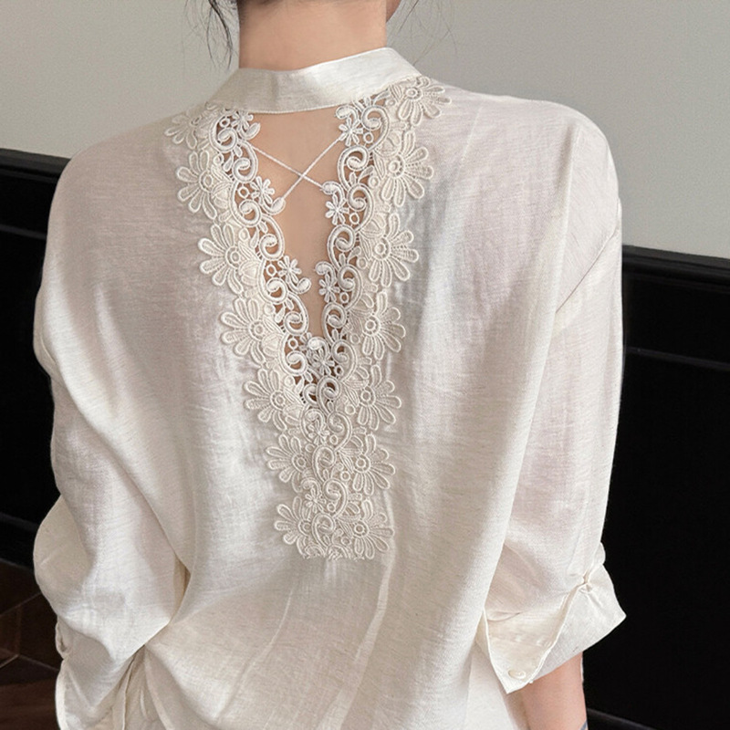 Elegant breeze | beautiful back ~ south France old money small flabby linen blended lace hollow temperament shirt
