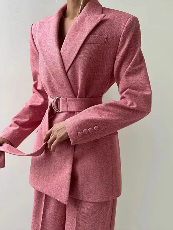 秋冬フィッシュボーンファッションウエストシェイプ万能ロングコートレディースベストパンツ3点セットスーツ長袖婦人服