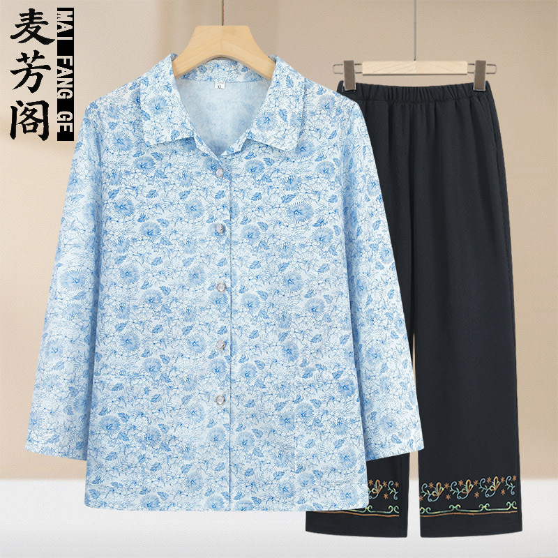 Grandma's Summer Cotton Shirt Women's Middle-aged and Elderly Summer Long-sleeved Mother's Lapel Top Old Lady's Cotton Clothes