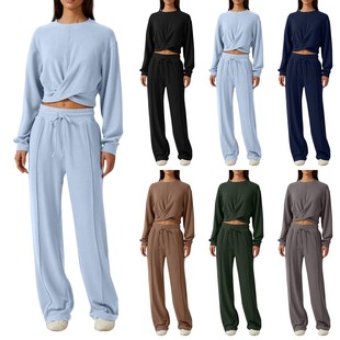 Amazon European and American Women's Round Neck Long Sleeve Top with Loose Waist Rope Design Solid Color Wide Leg Women's Pants Set