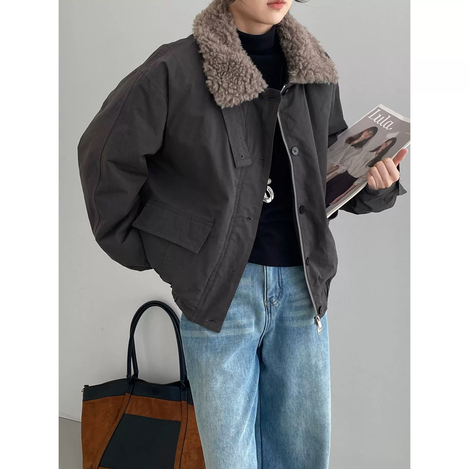 那末 复古巴恩风羊羔毛领派克羽绒服女白鸭绒加厚保暖外套E9270