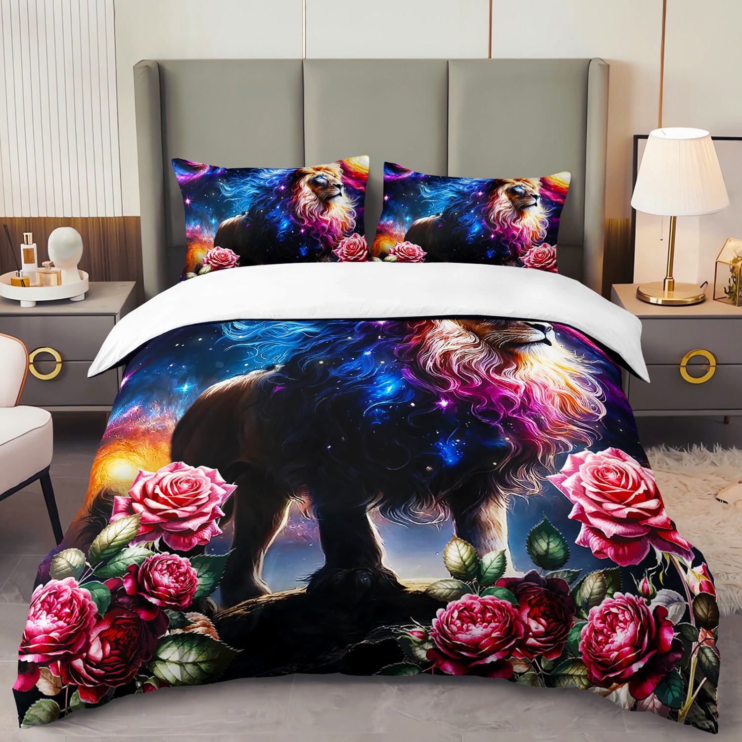 TEMU / JIT abrasión digital impresión cama colcha de cama pro-piel kit textil casero frío negro patrón de león fábrica fuente