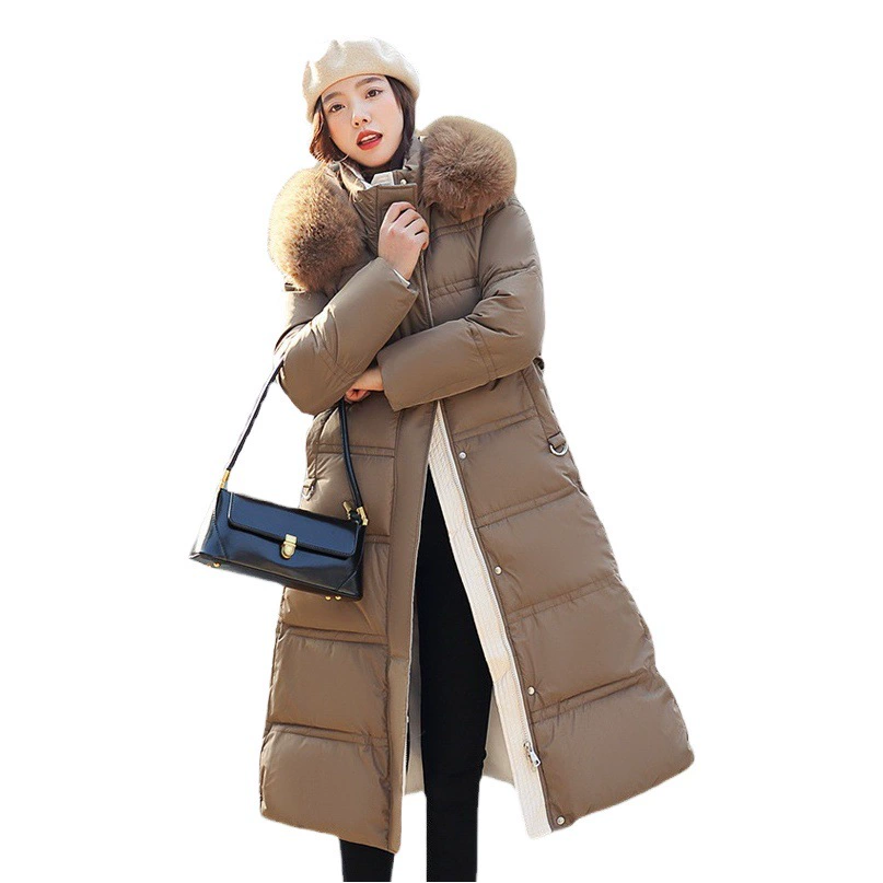 Новая зимняя пуховая куртка в европейском и американском стиле, Женская длинная куртка выше колена с большим шерстяным воротником, приталенное хлопковое пальто в Корейском стиле для похудения на талии
