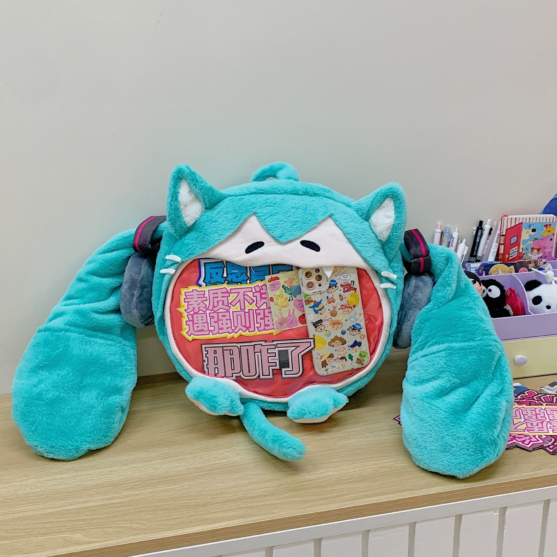 2D Pin Display Backpack, Anime Plush Front with Clear PVC Window, One Size (Hatsune Miku & Characters)
