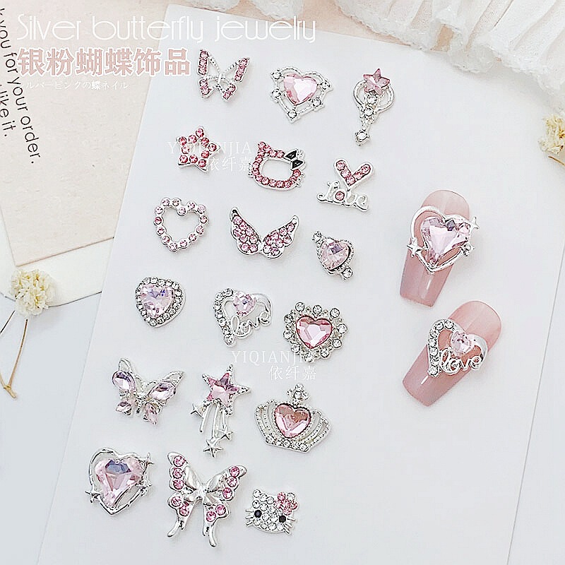 Pink Valentine's Day Nail Art Jewelry Diamond Heart Butterfly Love Big Butterfly Crown Alloy Cat Nail Diamond Ornaments
