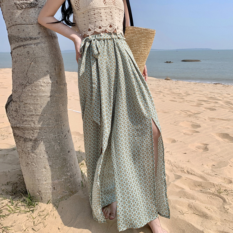 High Waist Wide Leg Pants Women's Summer Yunnan Xishuangbanna Holiday Culottes Dagging Elegant Floorless Trousers Split Beach Pants