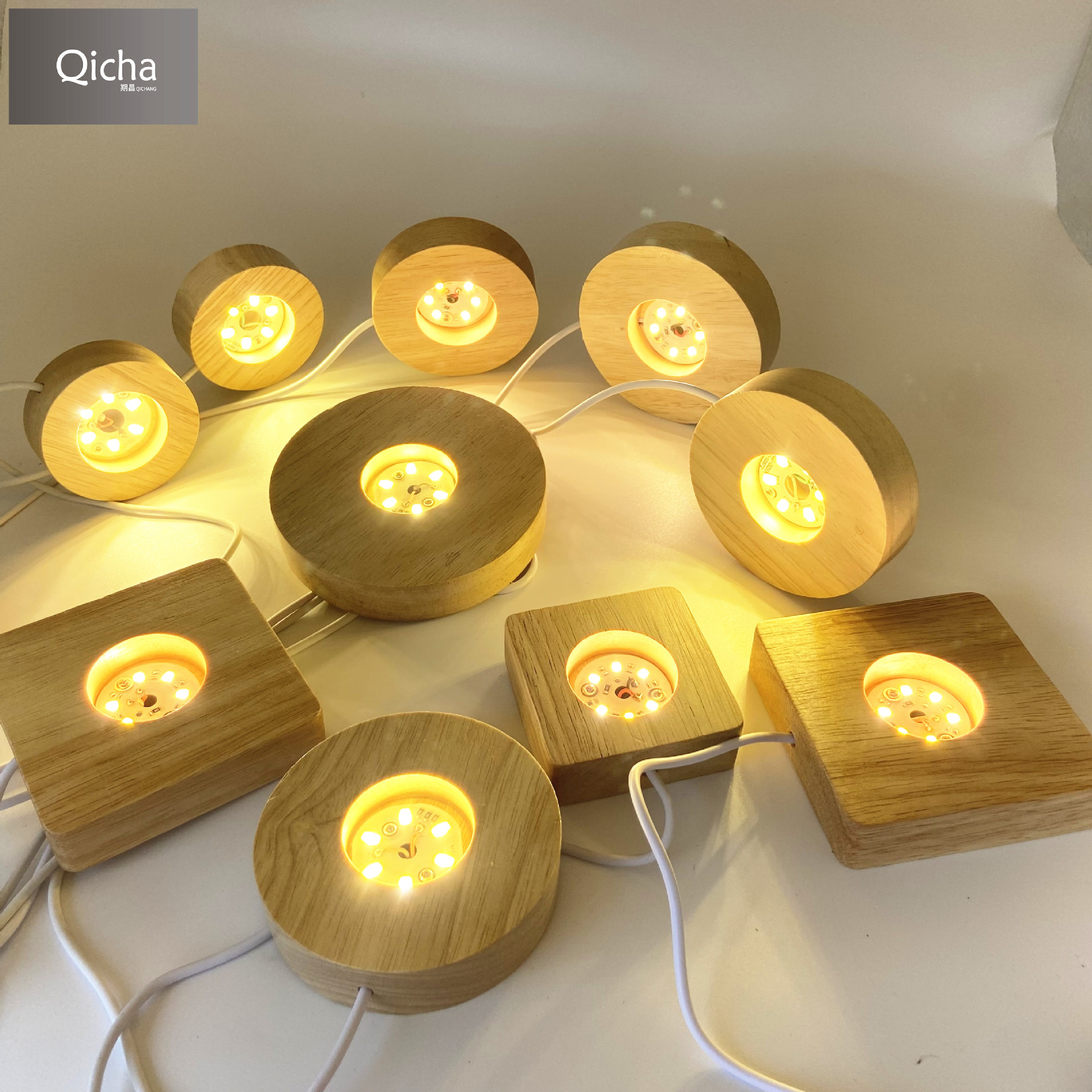 Kauçuk ahşap aydınlık kristal taban USB arayüzü 5V anahtarı aydınlık taban gece lambası masif ahşap yuvarlak lamba tutucu