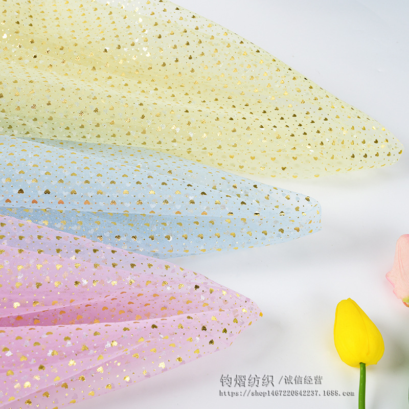 网纱布料烫金桃心纱面料女童公主裙娃娃裙金色爱心纱手工diy装饰