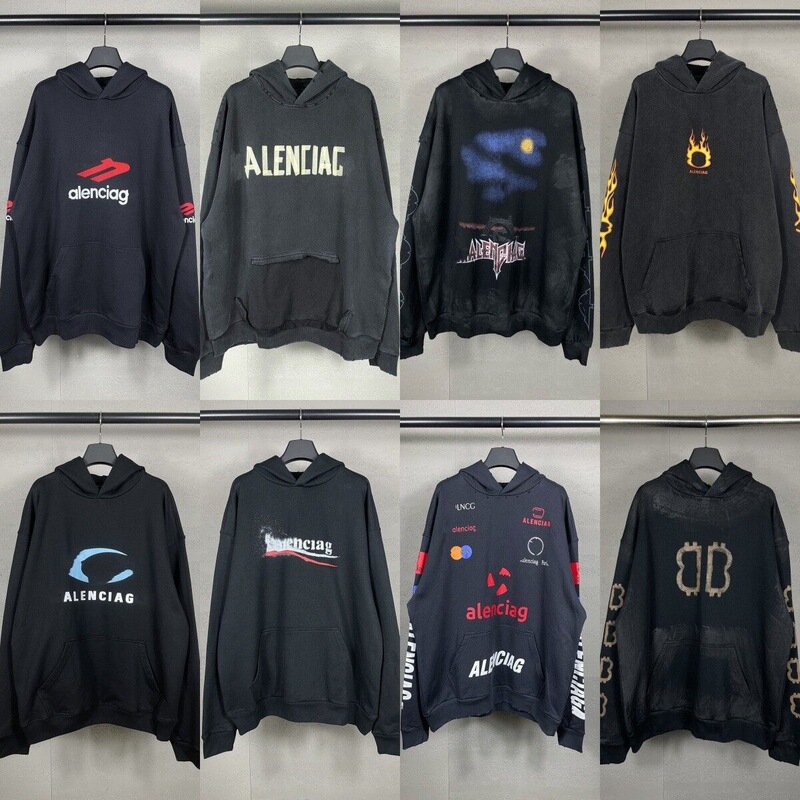Authentic Parisian Fashion Brand B's Cola Embroidered Flame Letter Logo Distressed Print Hooded Long-Sleeve Sweatshirt