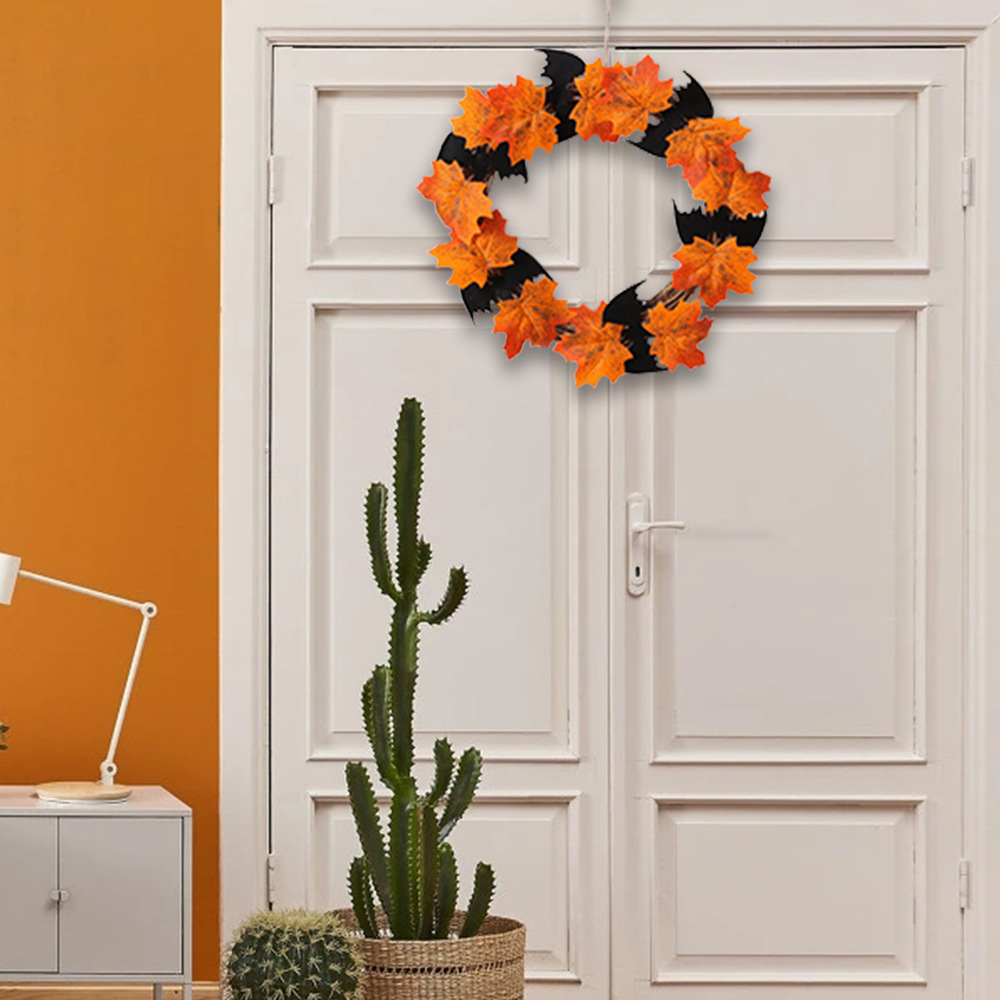 Nueva decoración de corona de hojas de arce para Halloween, adorno de anillo de guirnalda artificial, decoración de puerta con anillo de guirnalda de murciélagos para Halloween. image 5