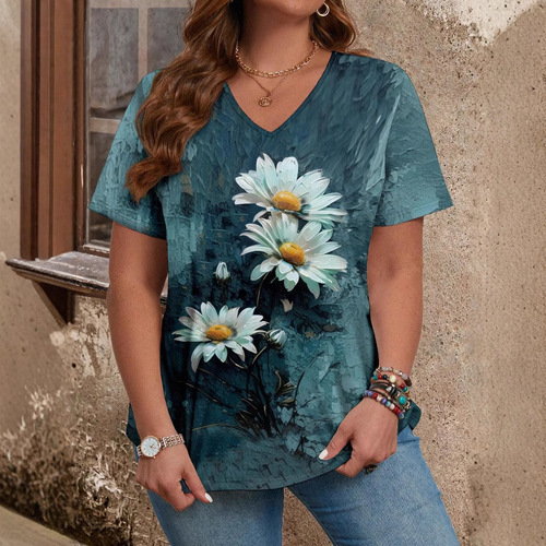 Summer Cross-Border Floral Pattern 3D Print Women's V-Neck Short-Sleeve Top Base Shirt