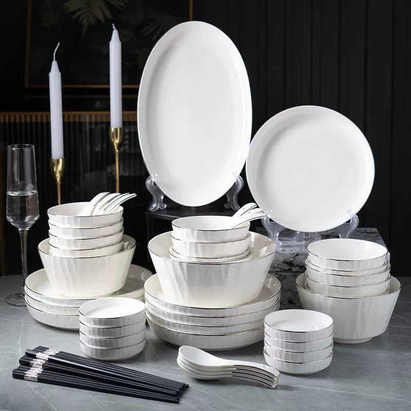 Platinum ceramic tableware set, light‑luxury design, platinum rim, multiple piece options