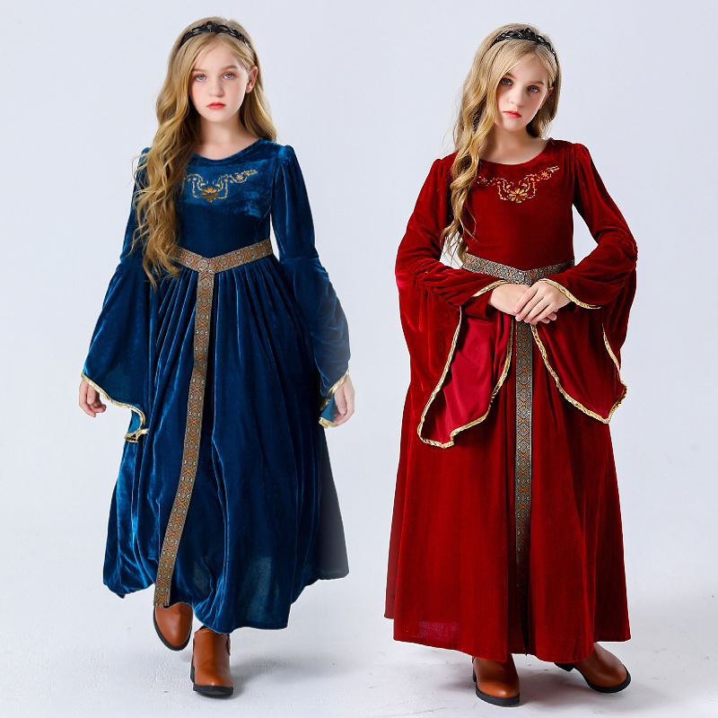 Halloween cosplay medieval retro court noble ball performance costume child faux fur bell sleeve long dress