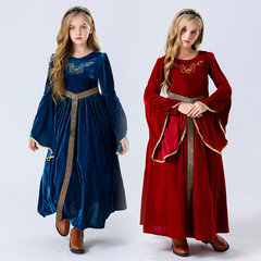 Halloween cosplay medieval retro court noble ball performance costume child faux fur bell sleeve long dress