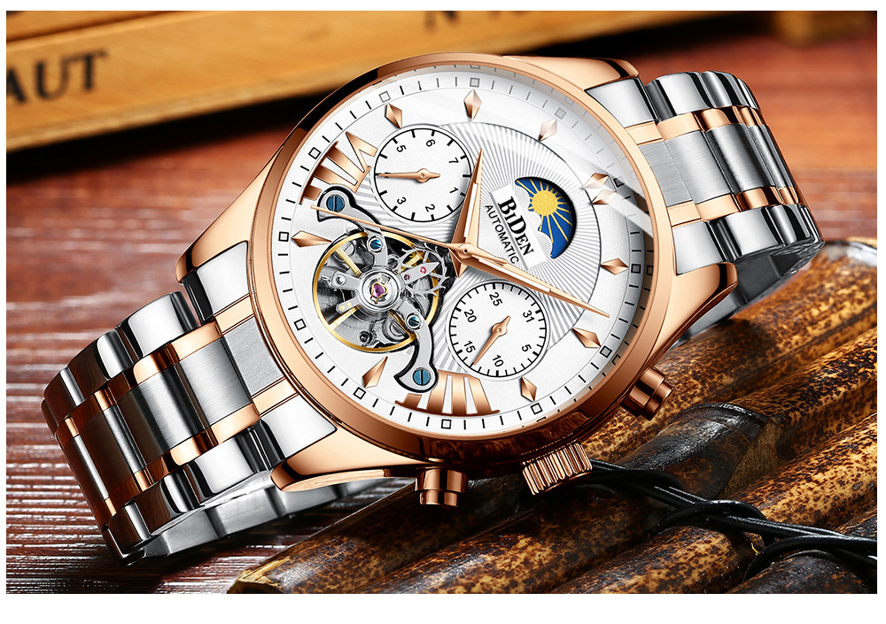 Biden Men's Mechanical Watch Multifunctional Sun Moon Star Luminous_voghion.com