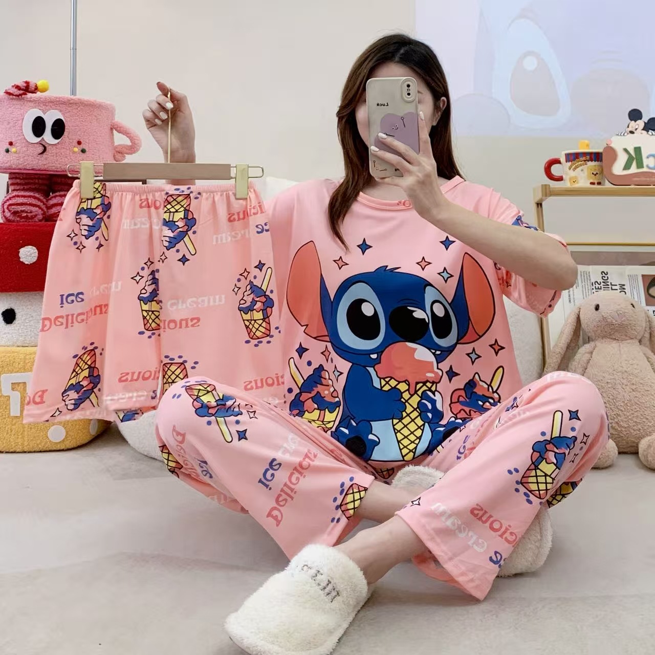 Pijamas de verano transfronterizos pijamas de leche de seda de tres piezas set de dibujos animados comercio exterior ropa para el hogar pantalones de mangas cortas lindos