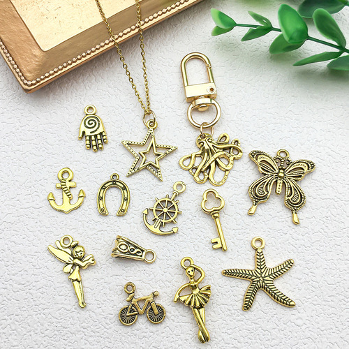 Alloy jewelry accessories, bracelet components, starfish, butterfly, cross, key-shaped, electroplated DIY pendants and charms