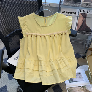 H2C French-Style Ruffled Round Neck Blouse for Women, New Summer Fashion, Youthful and Versatile, Loose and Unique with Small Flutter Sleeves