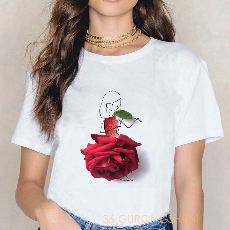 3D Red Rose Flower Dress Printed Ladies Short Sleeve Casual T-Shirt  NSATE60903