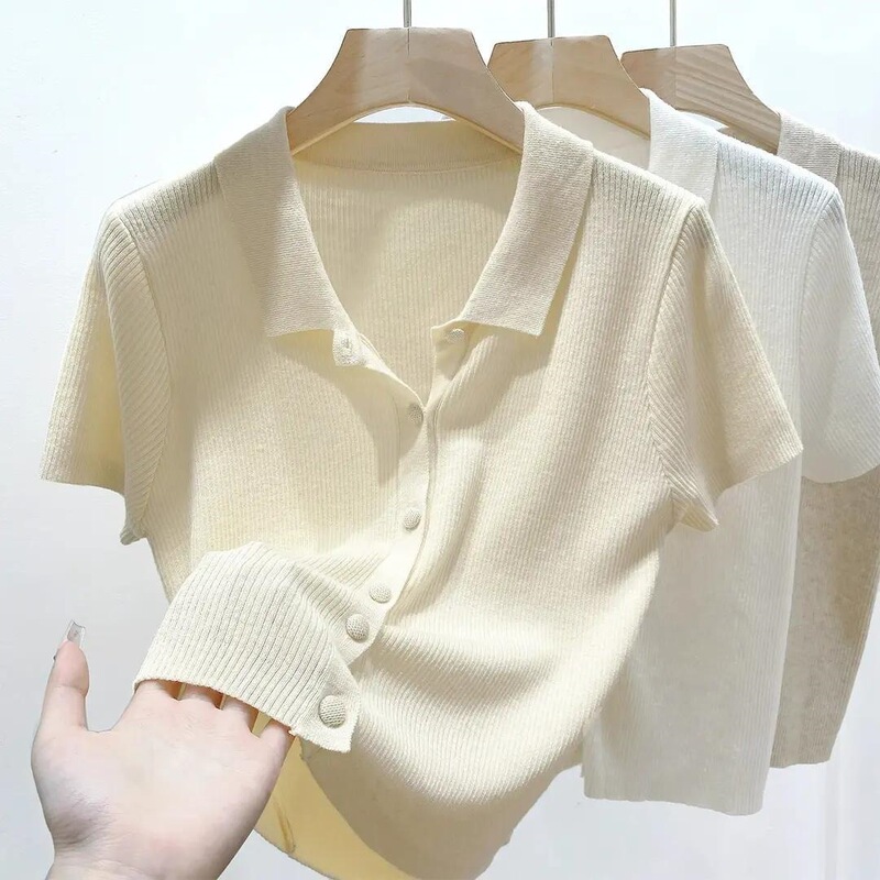 Oatmeal-Colored Loose-Fitting Slimming Short-Sleeve Knit Cardigan 2025 Summer New Women's Stylish Polo Collar T-Shirt Top Oatmeal-Colored Loose-Fitting Slimming Short-Sleeve Knit Cardigan 2025 Summer New Women's Stylish Polo Collar T-Shirt Top