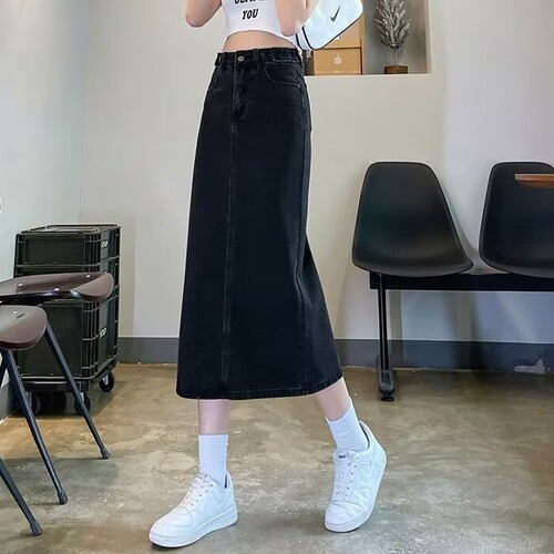 Vintage Straight Hem Wide-Leg Denim Skirt for Women - Spring and Autumn Season High-Waist Slimming Black A-Line Plus-Size Medium Dress