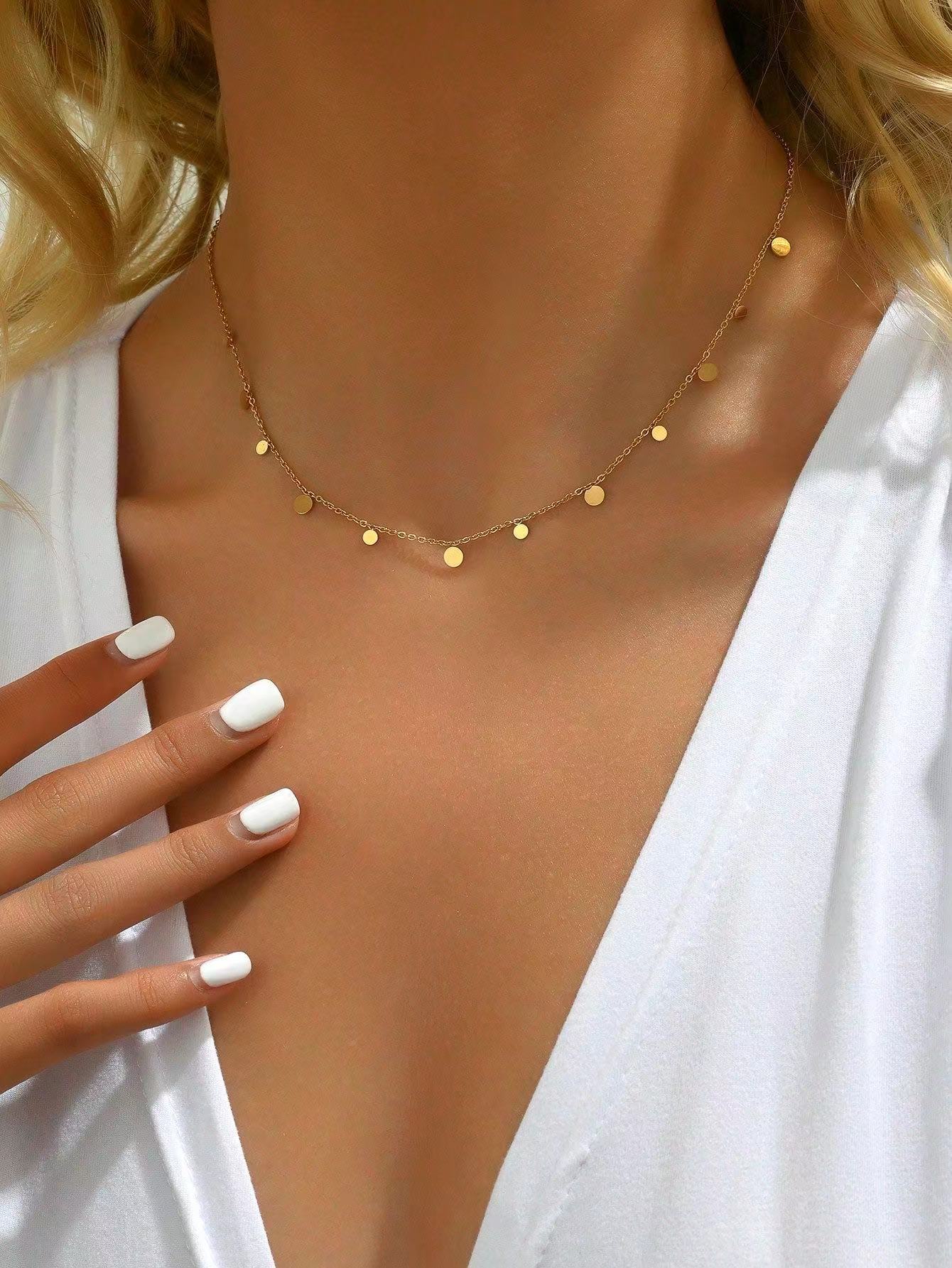 Collar de lujo ligero con disco doblado transfronterizo europeo y americano, cadena de clavícula cuadrada pequeña, sentido de alta calidad, collar de amor, comercio exterior de acero inoxidable